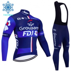 Fietskleding (Fietsshirt Lange Mouw + Lange Koersbroek) 2024 Groupama-FDJ Winter Thermal Fleece - Zwart Blauw